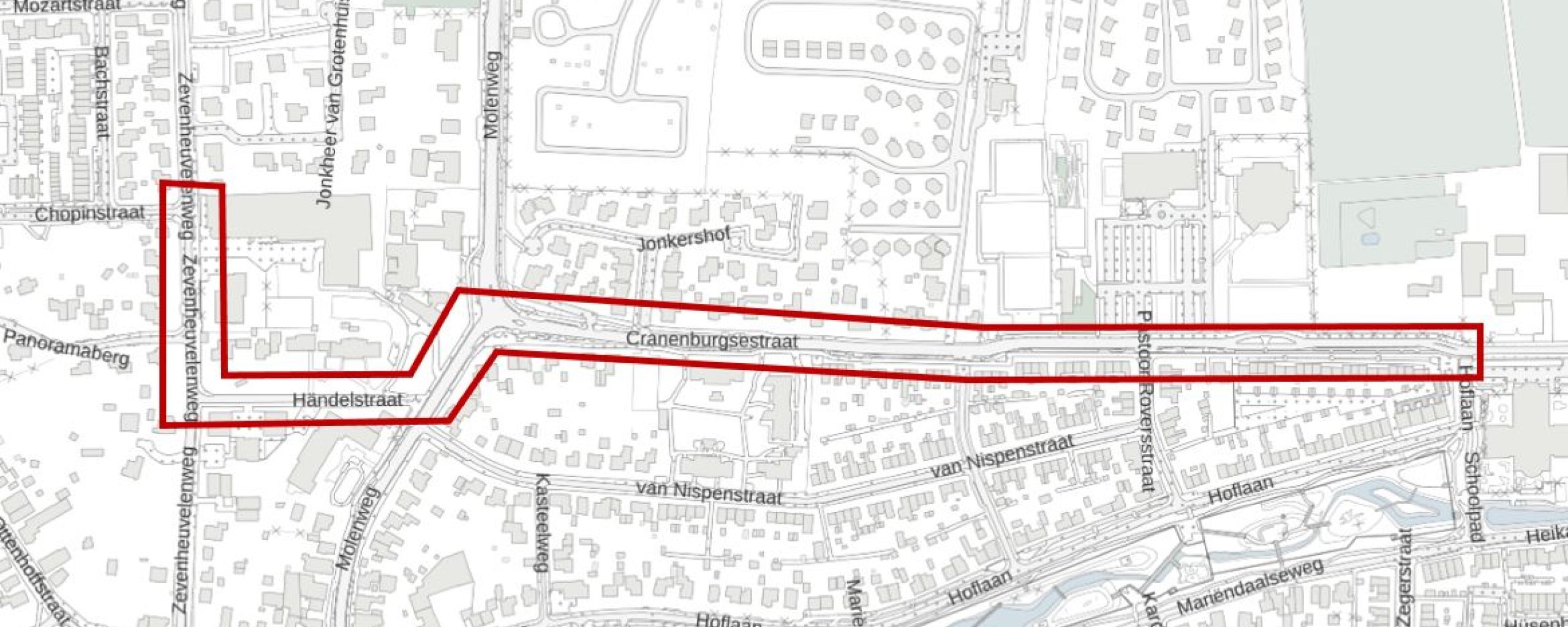 De afbeelding laat een kaartje zien van de straten waarin Vitens werkzaamheden uitvoert. Het gaat om de Zevenheuvelenweg, Händelstraat, Molenweg en Cranenburgsestraat te Groesbeek.